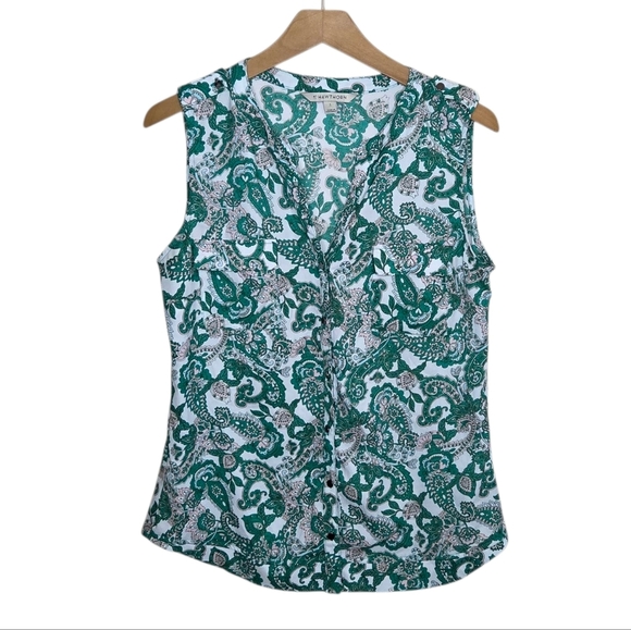 Stitch Fix 41 Hawthorn | Green White Floral Paisley Sleeveless Button Up Blouse - Picture 1 of 6